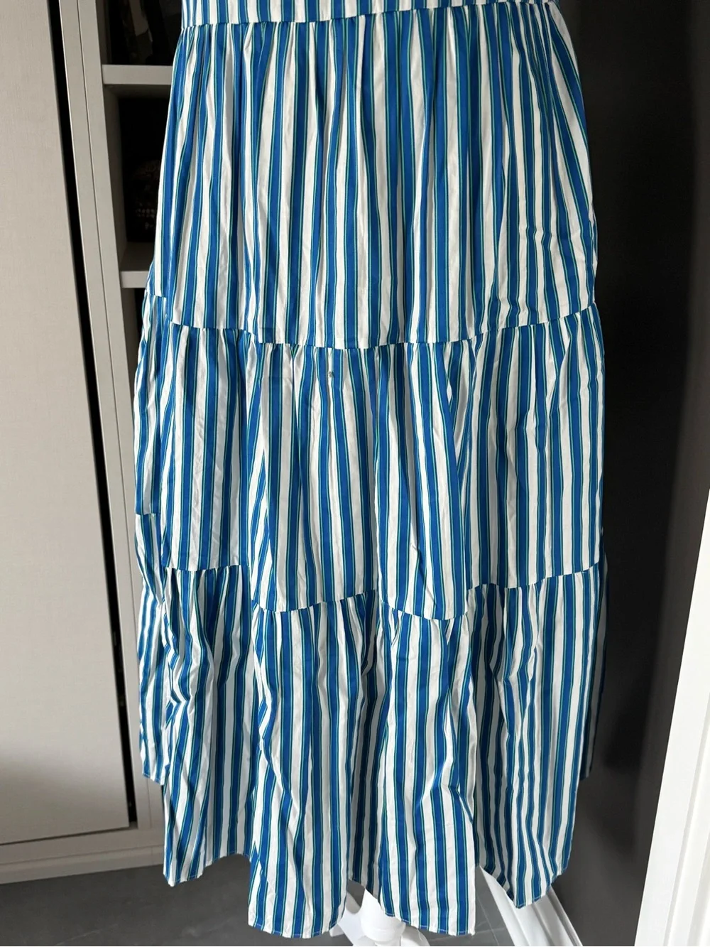 J. Crew Blue and White Striped Tiered Maxi Dress with Ruffle Sleeves